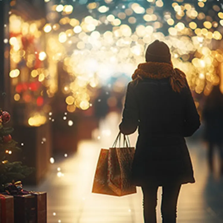 woman walking past a christmas tree holding a shopping bag