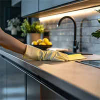 gloved-hand cleaning a countertop by the sink