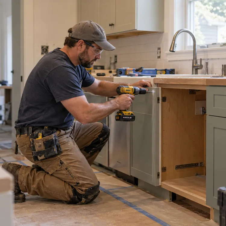 Man using a power drill to install a cabinet door in a kitchen under renovation