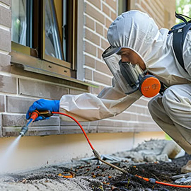 pest control technician spraying chemical on house foundation