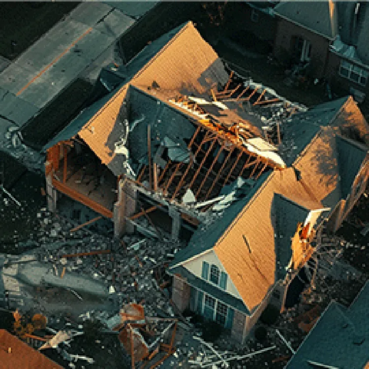 Top view of a house without roof damaged by tornado