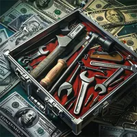 toolbox containing various tools used for repair and money all around it