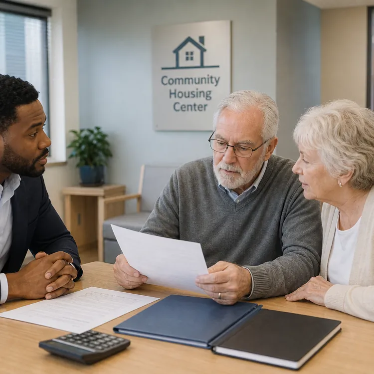 Elderly couple reviews documents with advisor at a community housing center table