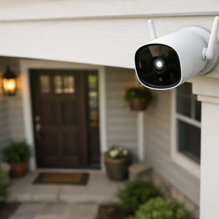 outdoor security camera mounted above a front porch and door