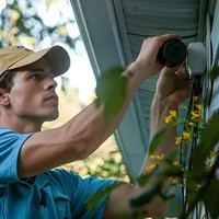 a man installing a camera outside a house