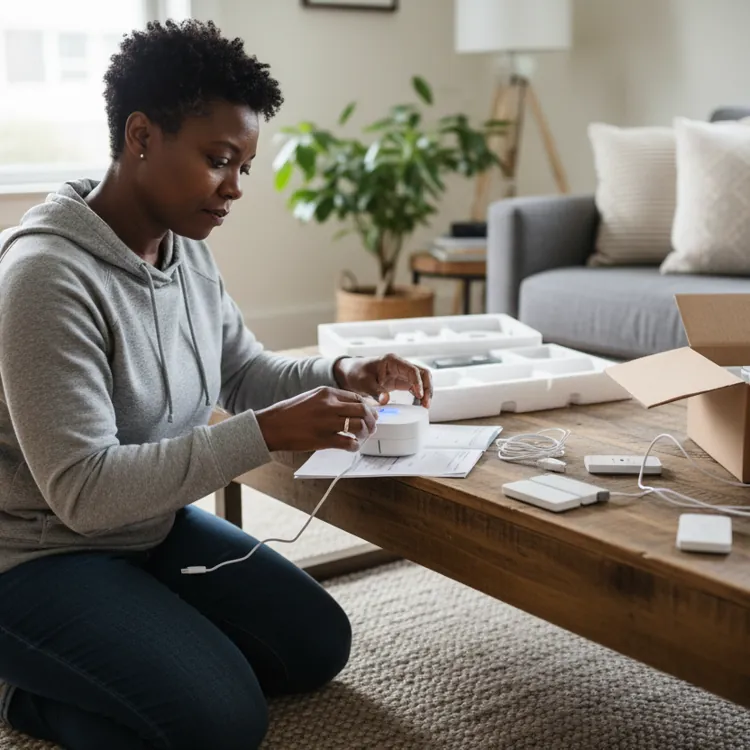 Woman setting up home security devices on a wooden coffee table in a cozy living room