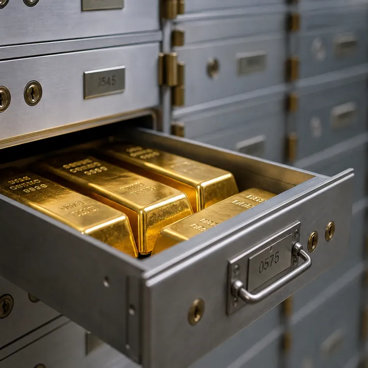Three gold bars in an open safe deposit box inside a bank vault