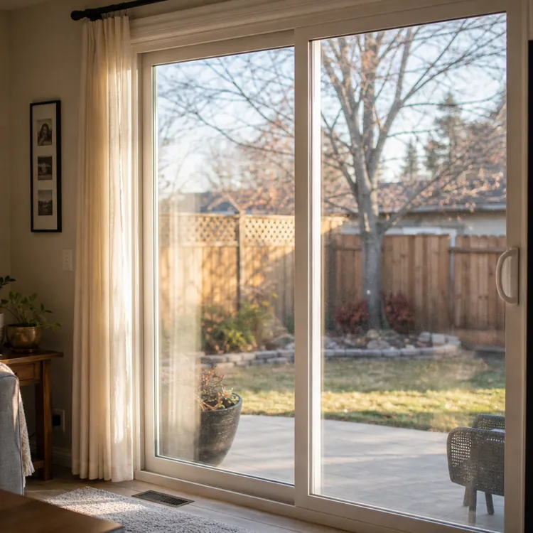sunlit living room with sliding glass door opening to fenced backyard