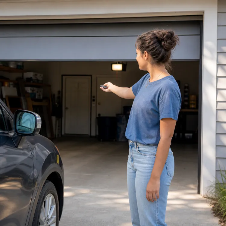 Woman using remote to open garage door next to parked car