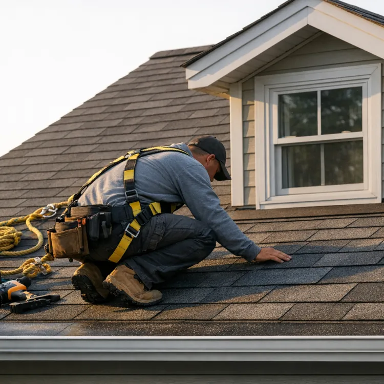 Worker in safety harness inspecting house roof shingles near window dormer
