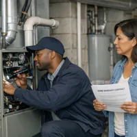 Technician inspecting a furnace with a flashlight while a woman holds a home warranty contract.