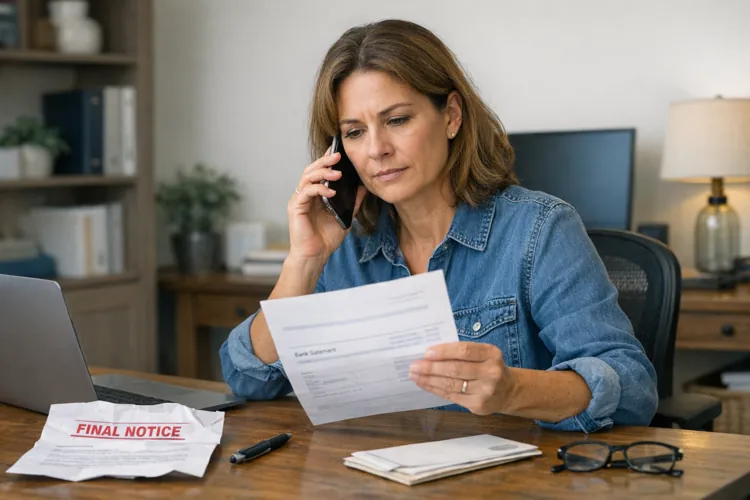 Woman on phone reviewing bills at desk with a final notice letter