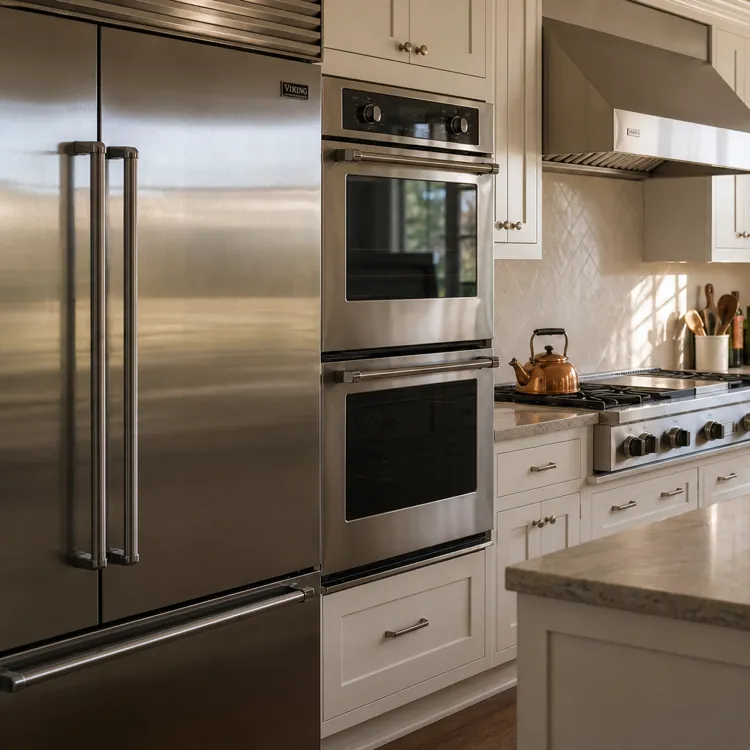 sunlit modern kitchen with stainless steel appliances, white cabinets, and counter