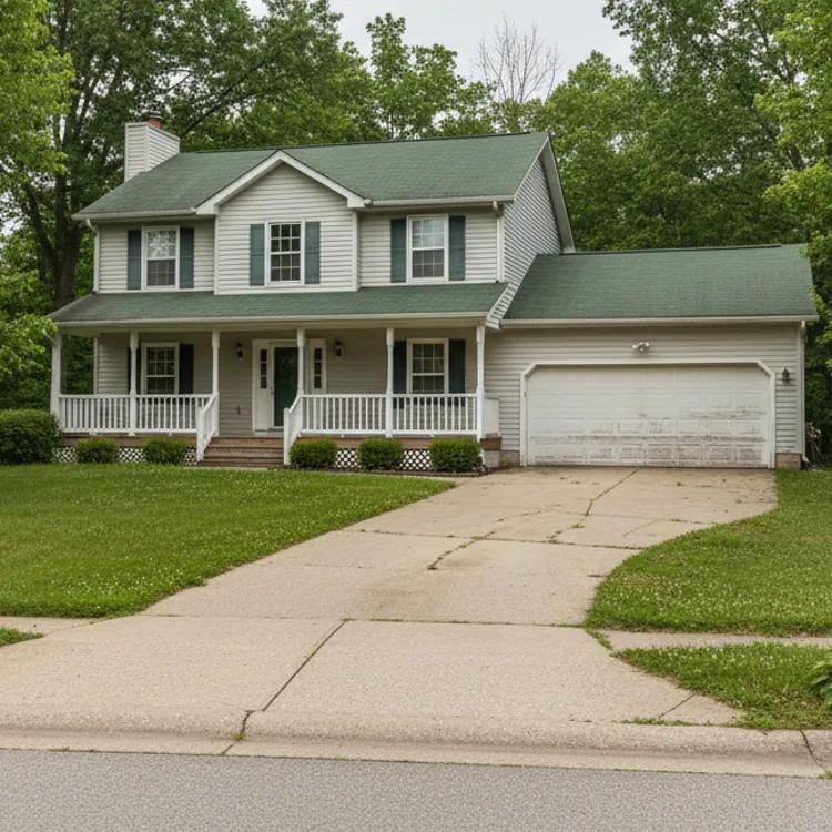 Two story suburban house with green roof, driveway, front porch and trees in the yard