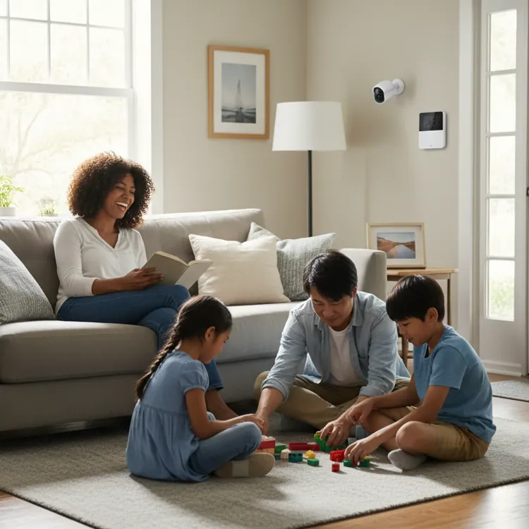 Family in a living room with children playing and an adult reading on the couch, surrounded by home decor and security cameras.
