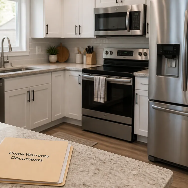 Folder labeled Home Warranty Documents on a kitchen counter near stainless steel appliances