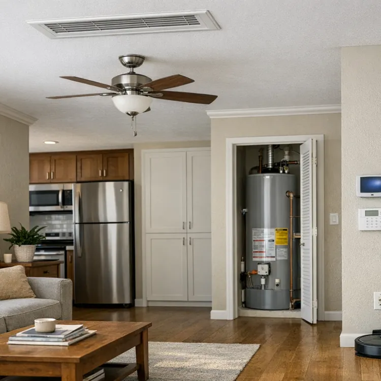 Open closet with water heater in a modern living room with kitchen and security panel