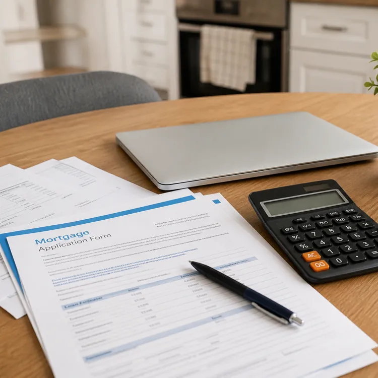 Mortgage application form, calculator, laptop, keys, and plant on a wooden table