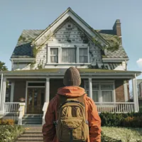 a man with a backpack standing in front of a house