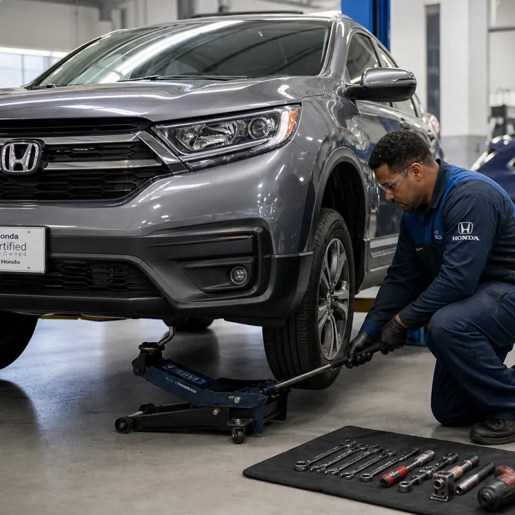 Mechanic kneeling to work on a gray Honda SUV with tools laid out in a service garage