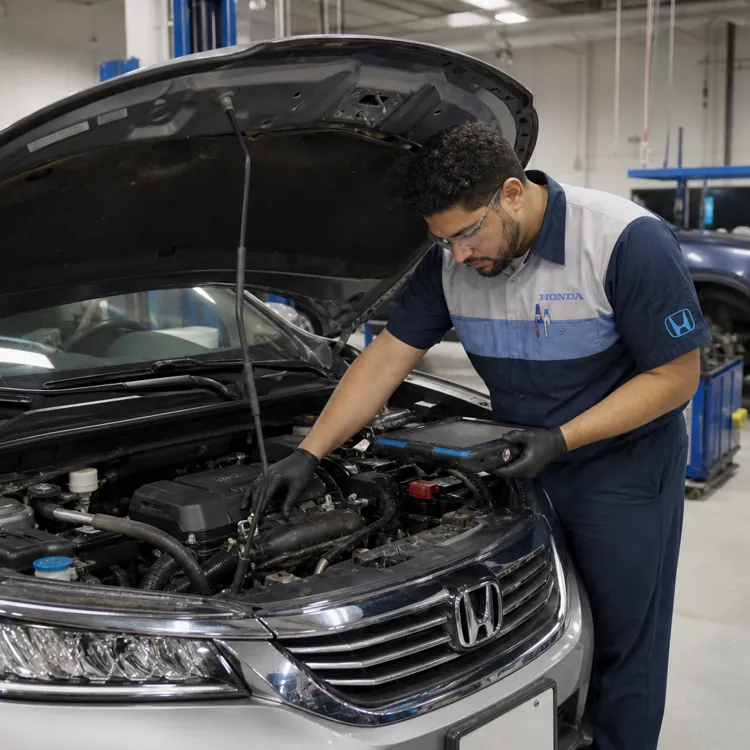 Mechanic inspecting engine of a silver Honda in a well-lit service center