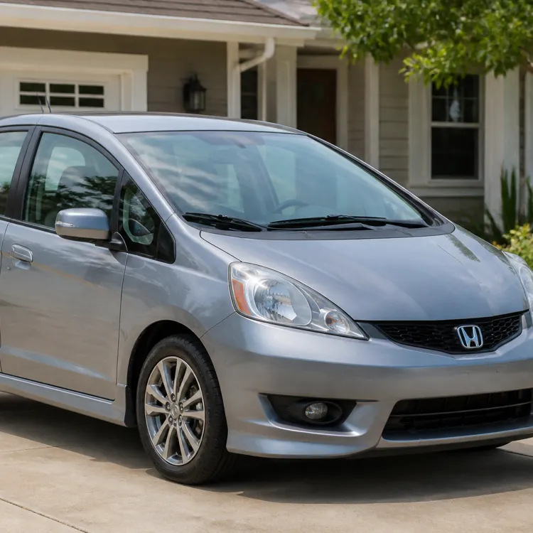 Silver compact hatchback car parked on a driveway in front of a suburban house