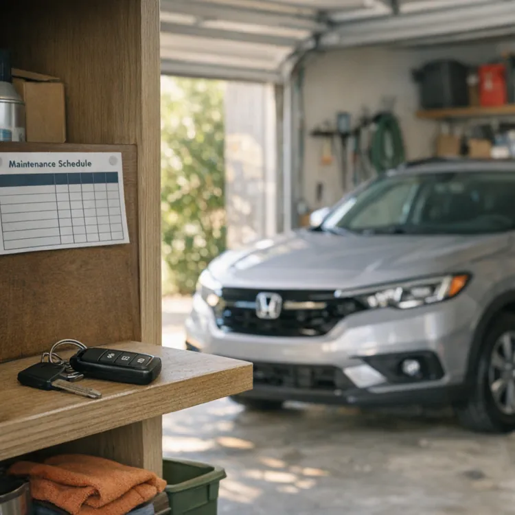 Silver SUV parked in a garage with car keys and a maintenance schedule on a shelf