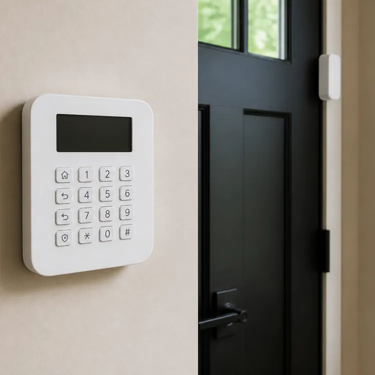 Wall-mounted security keypad next to a black door and window with sensors installed