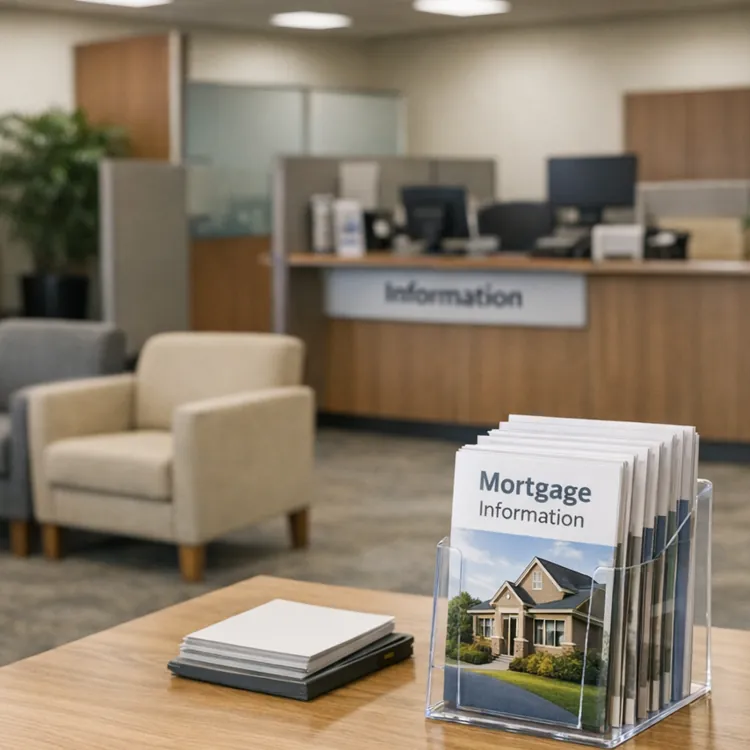 Mortgage information brochures on a table in a modern office waiting area