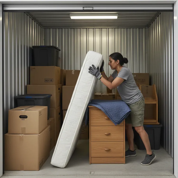 Woman organizing a storage unit with boxes, a mattress, and furniture inside.
