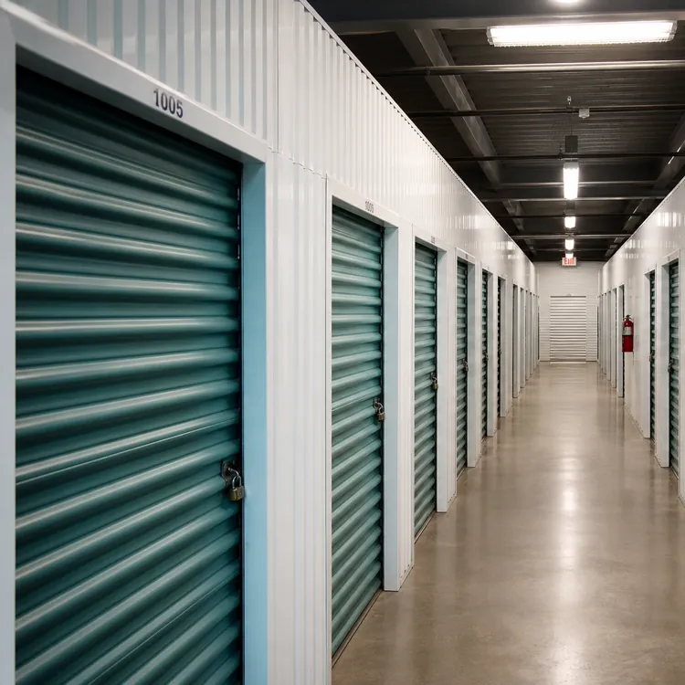 well-lit hallway lined with closed green storage unit doors