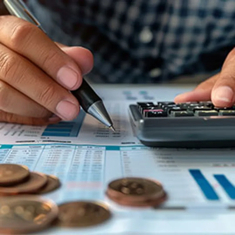 person with coins on table using a calculator and writing down numbers