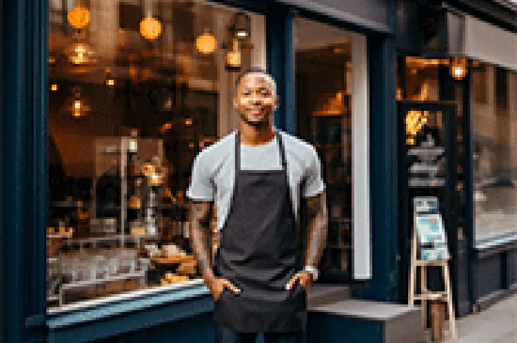 man wearing apron standing in front of stores