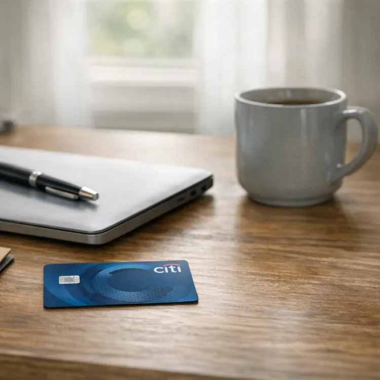 Citi credit card, laptop, pen, notepad with pencil, and coffee mug on wooden desk