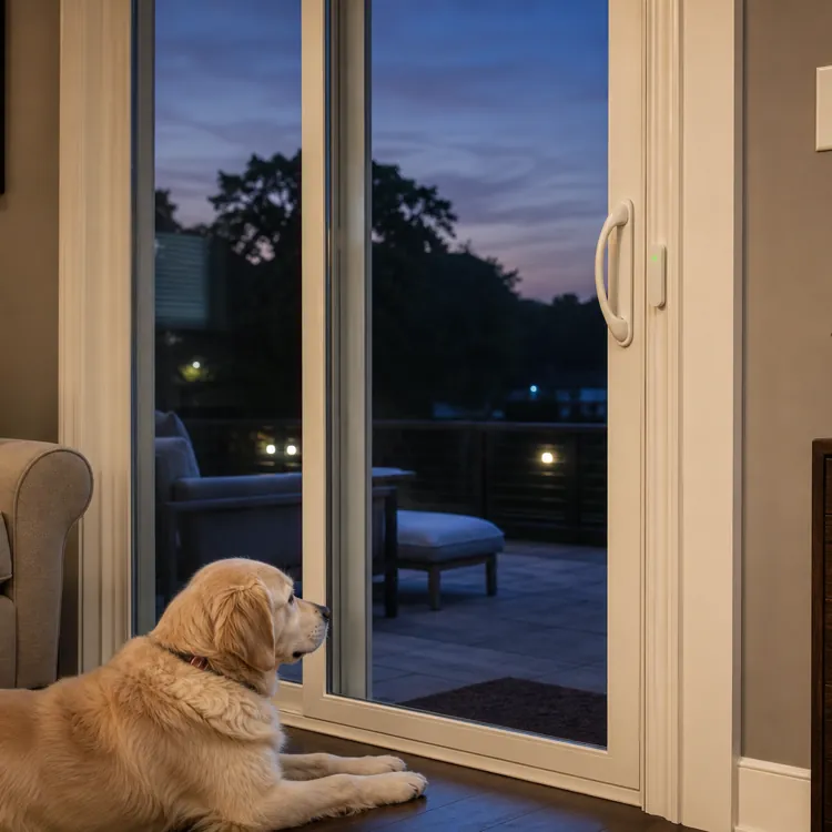 Golden retriever lying by a sliding glass door in a cozy living room at dusk