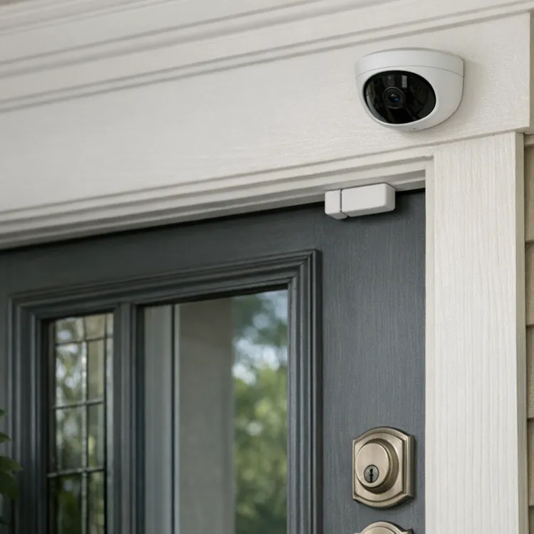 Front door with security camera, keypad lock, and door sensor on beige siding