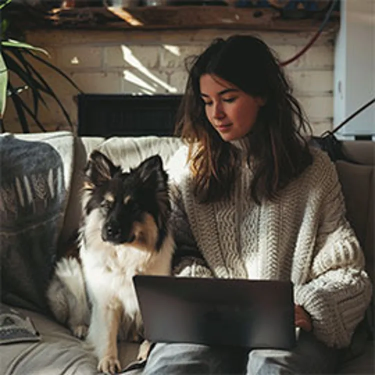 young woman looking at laptop and sitting with her dog
