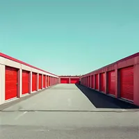 rows of storage units with red doors on a lot