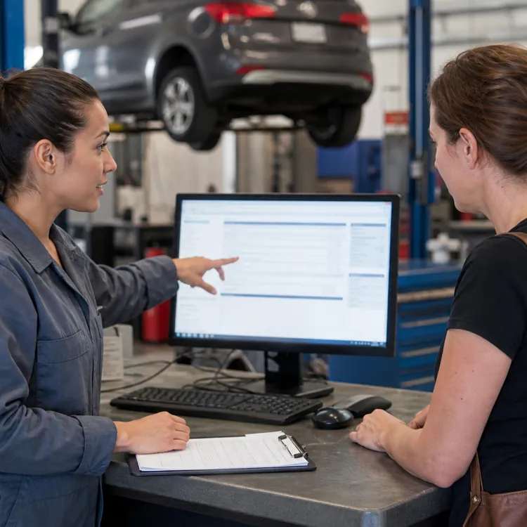 Mechanic showing information on a computer screen to a customer at an auto repair shop