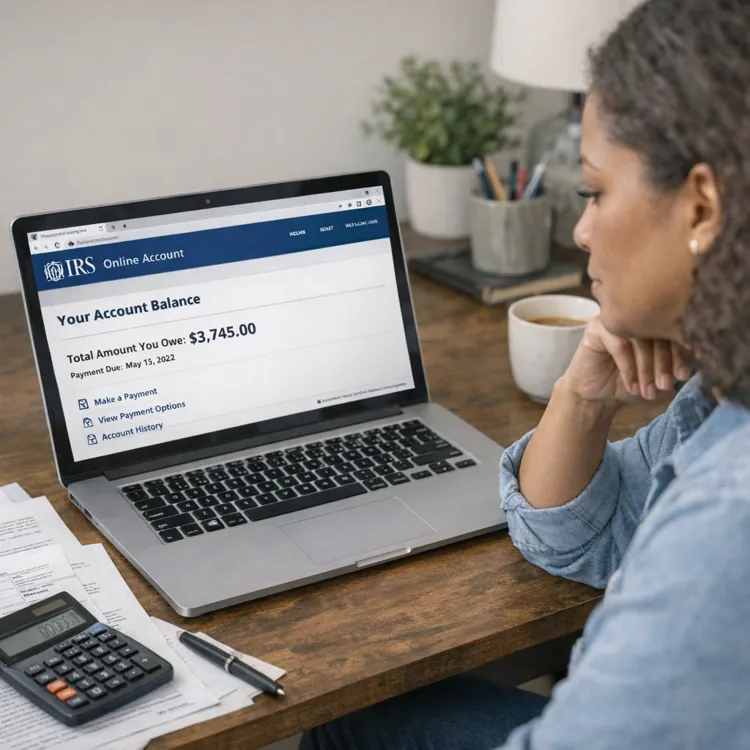 Woman sitting at a desk looking at a laptop screen displaying an IRS online account with tax documents and a calculator nearby.