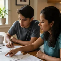 A woman and a teenage boy sitting at a table reviewing documents with a laptop displaying graphs.