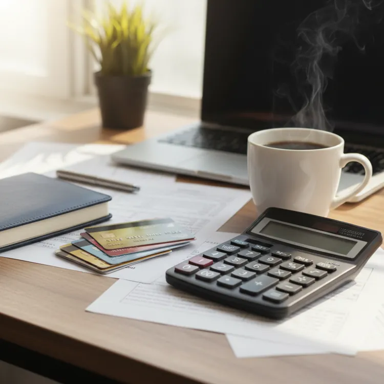 Calculator, credit cards, notebook, and coffee on a desk with papers and a laptop