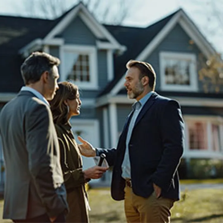 insurance agent talking to a couple in front of a home