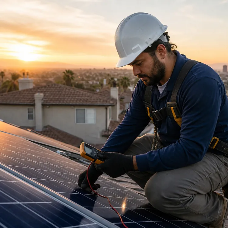 Technician in safety gear inspecting solar panels on a rooftop at sunset