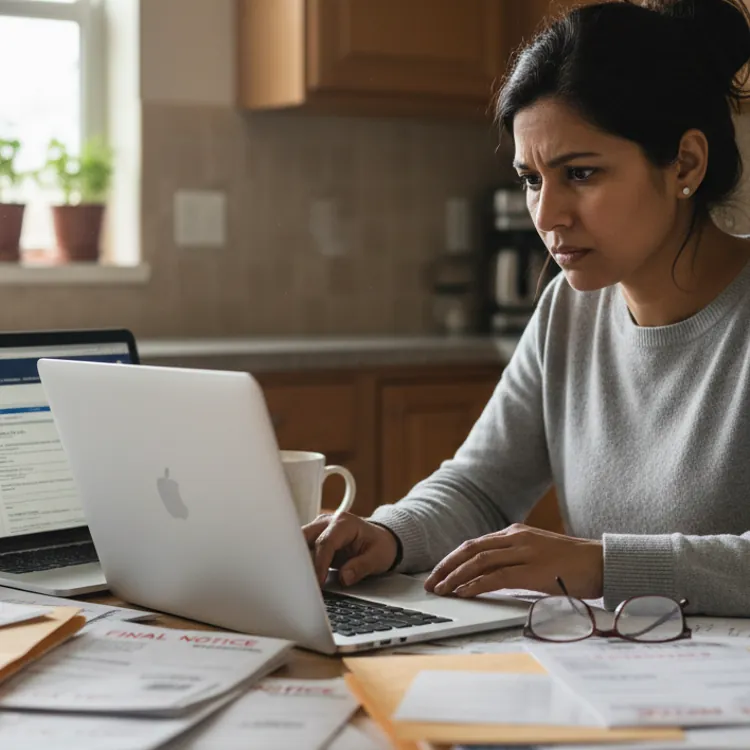 Woman sitting at a kitchen table with a laptop, surrounded by papers and envelopes, looking focused.