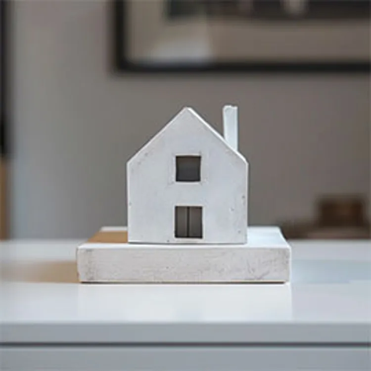 wooden model house with chimney and two windows on a table