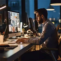 man at desk computer checking business loans options
