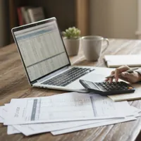 Woman sitting at a desk using a calculator with a laptop displaying spreadsheets and papers scattered around.