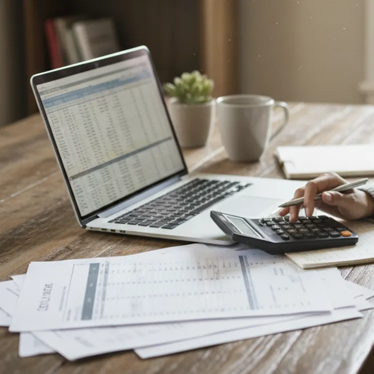 Woman sitting at a desk using a calculator with a laptop displaying spreadsheets and papers scattered around.