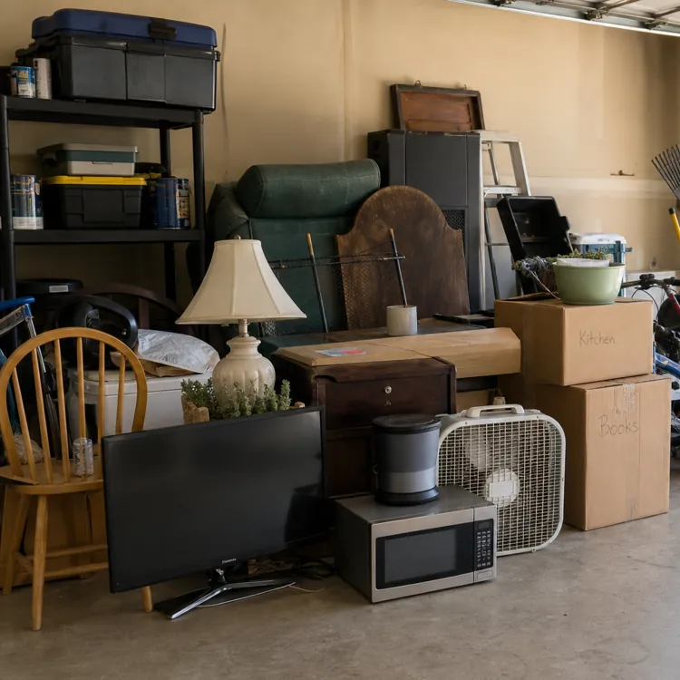 Packed garage with boxes, furniture, tools, and lawn equipment near an open door